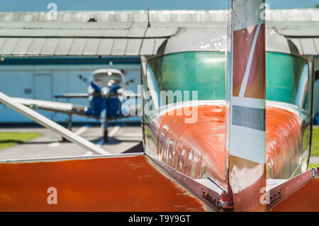 May 7, 2019 - Delta, British Columbia: Cesssna 150G rear view, rudder, elevators and stablizers at Delta Heritage Airpark on bright sunny day. Stock Photo