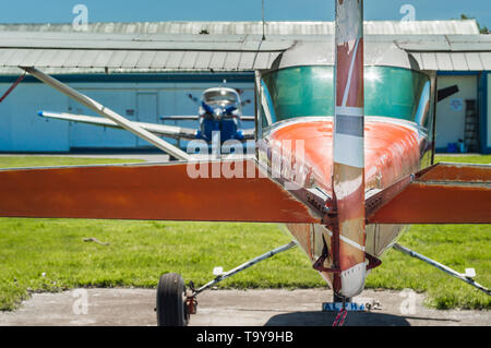 May 7, 2019 - Delta, British Columbia: Cesssna 150G rear view, rudder, elevators and stablizers at Delta Heritage Airpark on bright sunny day. Stock Photo