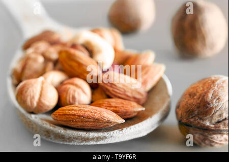 Almonds, Hazelnuts, Walnuts, Cashew Nuts in a Wooden Spoon, and Three Whole Walnuts on Gray Background. Healthy Organic Snack, Breakfast. Color Pop Ef Stock Photo