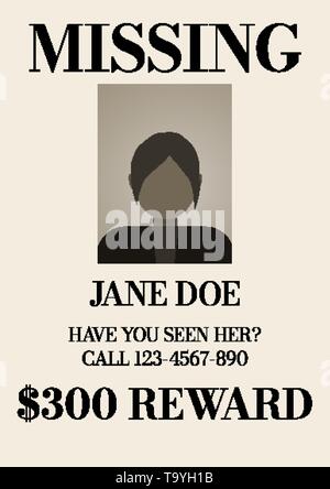 Old missing poster with female flat avatar. Stock Vector