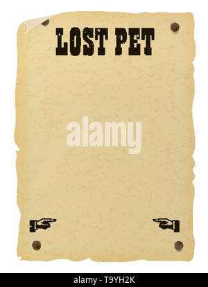 Nailed old ripped paper poster. Vintage western missing banner Stock Vector