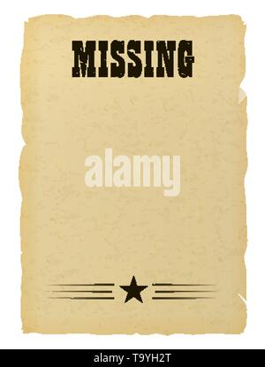 Old ripped missing paper poster. Wild west style brochure Stock Vector