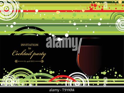 Green and yellow doted  background with wine glass of wine. Vector illustration Stock Vector