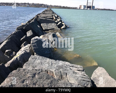 The U.S. Army Corps of Engineers, Buffalo District has awarded a $4.7 million contract to continue repairs on the west arrowhead breakwater located at the Port of Oswego, Oswego, New York.  This photograph was taken of the area that needs repair by Buffalo District technical teams. April 17, 2019, Oswego, NY. Stock Photo