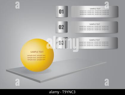 Infographic showing 3d gray desk on the gray background with golden ball. Three numbered metallic labels are ready for your text. Stock Vector
