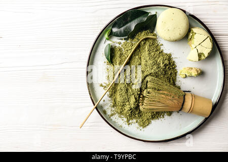 Composition with powdered matcha tea on table Stock Photo