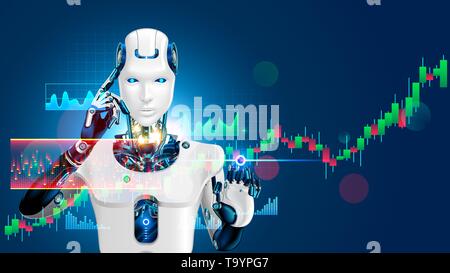 Robot trading on stock market. Artificial intelligence of forex broker with analyzing business charts with investment financial data. Computer Stock Vector