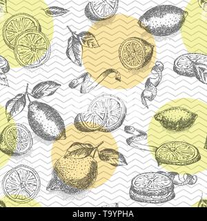 Seamless pattern hand drawn of half, quarter, slices and zest lemon fruit in black color on geometric color background. Retro vintage graphic design B Stock Vector