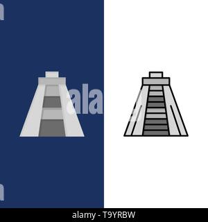 Chichen Itza, Landmark, Monument  Icons. Flat and Line Filled Icon Set Vector Blue Background Stock Vector
