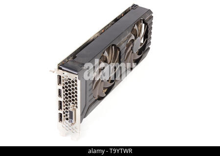 Used and dusty black PC video card isolated on white background. Stock Photo