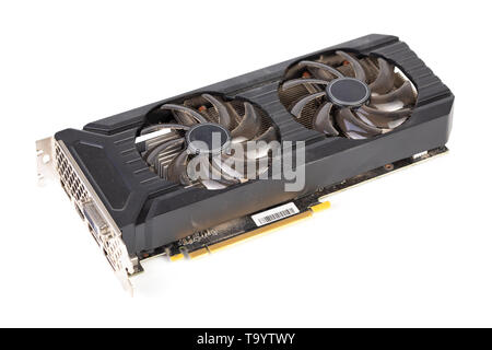 Used and dusty black PC video card isolated on white background. Stock Photo