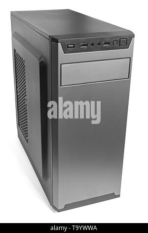 simple cheapest black miditower pc case isolated on white background. Stock Photo