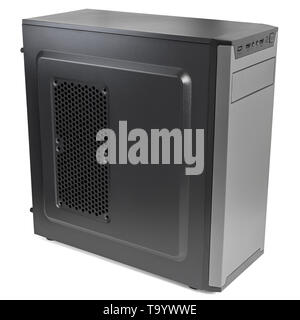simple cheapest black miditower pc case isolated on white background. Stock Photo