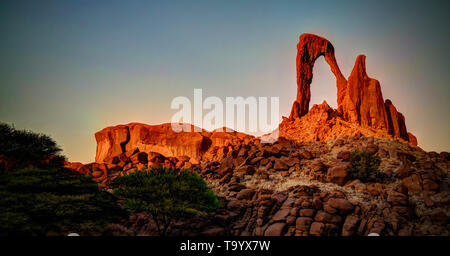 Abstract Rock formation at plateau Ennedi aka window arch at sunset, in Chad Stock Photo