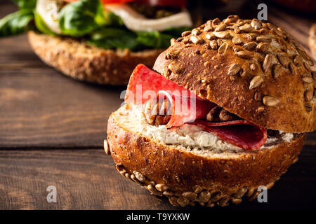 Sandwiche with salami and walnut Stock Photo