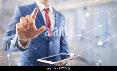 Blockchain network on blurred skyscrapers background. Financial technology and communication concept. Stock Photo