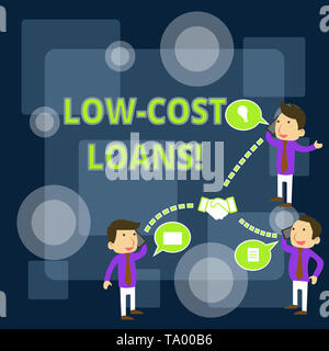 Writing note showing Low Cost Loans. Business concept for loan that has an interest rate below twelve percent Businessmen Coworker Conference Call Dis Stock Photo