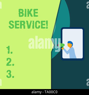 Conceptual hand writing showing Bike Service. Concept meaning cleaning and repairing bike mechanism to keep best condition Stock Photo