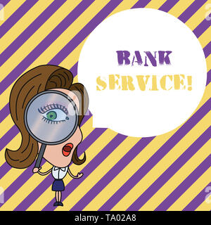 Writing note showing Bank Service. Business concept for Activities involved in accepting and safeguarding money by bank Woman Looking Trough Magnifyin Stock Photo