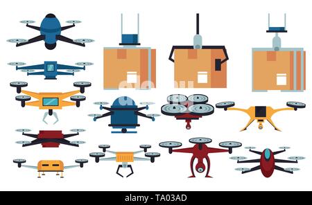 Drones icons set with unmanned aerial vehicles symbols flat isolated ...