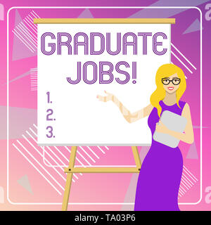Text sign showing Graduate Jobs. Business photo showcasing require someone to hold a degree to start their career White Female in Glasses Standing by  Stock Photo