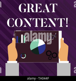 Handwriting text writing Great Content. Conceptual photo valuable text matter of a document or publication in any form Hands Holding Tablet with Searc Stock Photo