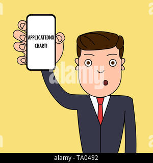 Writing note showing Applications Chart. Business concept for graph used to study how a process changes over time Man Holding Vertical Smartphone Devi Stock Photo