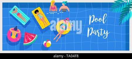 Top view beach background, Pool party, Summer water activities, scene with a lot of tiny people, characters, umbrellas, balls and kids. Vector banner Stock Vector