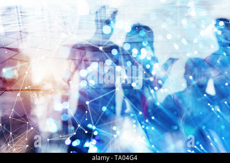 Business people collaborate together in office. Internet connection effects. Double exposure effects. Stock Photo