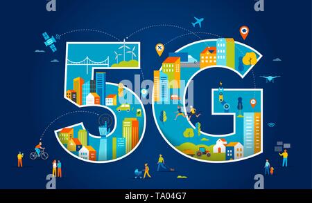 5G Flat vector illustration. People with mobile devices in the smart city Stock Vector