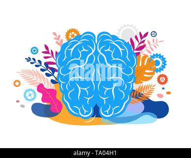 Brain, mind and mindfulness concept illustration. Vector background and poster with leaves and nature Stock Vector