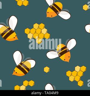 Cute seamless pattern with flying bees and honey bees. Vector illustration Stock Vector