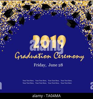 Graduation ceremony banner with graduate caps, glitter dots on a dark blue background. Congratulation graduates 2019 class of. Vector illustration Stock Vector