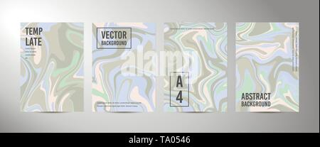 Four vector abstract background A4. Marble texture. Fluid art. Liquid mixed paint in pastel colors grey, mint, pink, blue. Template for poster, card Stock Vector