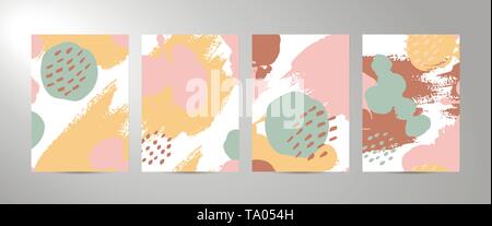 Four vector abstract backgrounds of A4 size. The texture Brush strokes in trendy colors mustard, pink, mint, brown. Template for poster, card, brochur Stock Vector