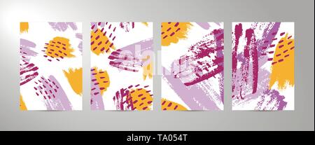 Four vector abstract backgrounds of A4 size. The texture Brush strokes in trendy colors mustard, lilac, purple, white. Template for poster, card Stock Vector