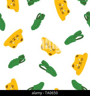 Vector seamless pattern of beach shoes and a hat. Rubber Slippers for swimming in the sea. Summer Slippers sandals Kawai hat. Stock Vector