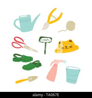 Vector illustration of garden tools in Doodle style. Set of garden symbols, things, objects. Design of postcards, posters and web sites. Stock Vector