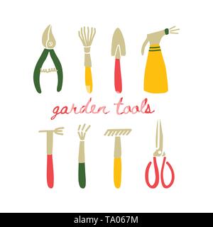 Vector illustration of garden tools in Doodle style. Set of garden symbols isolated on white background - sprayer, bucket, pruners, shovel, rake. Stock Vector