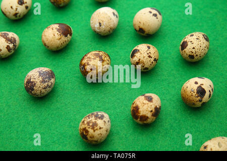 Many quail eggs on color background Stock Photo