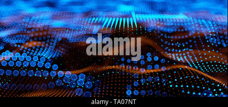 Abstract big data futuristic light wallpaper background design. Science dark pattern with structure mesh and circles. Modern business space dots illus Stock Photo