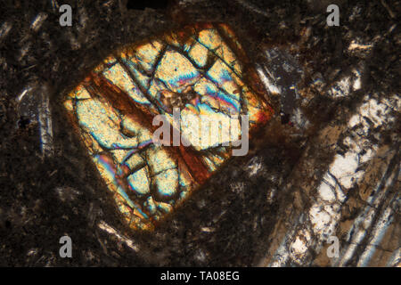 Polarized photomicrograph, diverse minerals in volcanic dust, Mount Fuji, Japan, Stock Photo