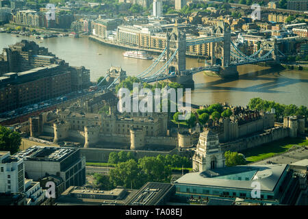 Views of The Tower of London as seen from Searcys on the top floor of the Gherkin building in London. Photo date: Tuesday, May 21, 2019. Photo: Roger  Stock Photo