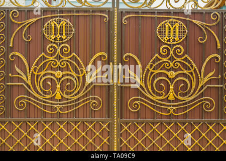 Details, structure and ornaments of wrought iron fence with gate Stock Photo