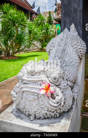 Dragon statue, Wat Chedi Luang temple big Stupa in Chiang Mai, Thailand Stock Photo