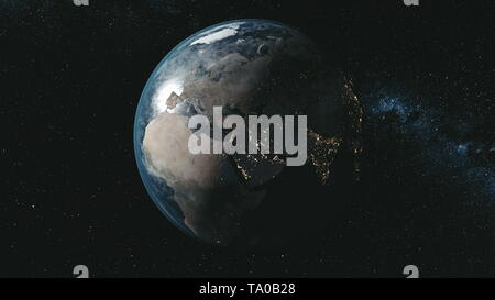 Epic Spin Planet Earth Galaxy Night Satellite View. Deep Open Cosmos Navigation Milky Way Background Travel Universe Exploration Concept 3D Animation Stock Photo