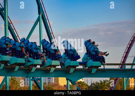 Orlando, Florida . February 26,  2019.  People enjoying amazing Kraken rollercoaster at Seaworld Theme Park . Stock Photo