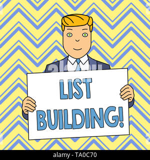 Word writing text List Building. Business photo showcasing database of showing you can contact with your marketing message Smiling Man Holding Formal  Stock Photo