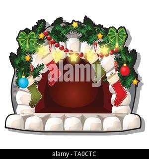 Fireplace made of white stones, Christmas decorations, glass balls, baubles isolated on white background. Sample of poster, party holiday invitation. Stock Vector