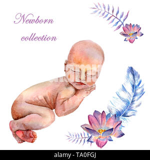 Watercolor newborn sleeping baby with flowers Stock Photo